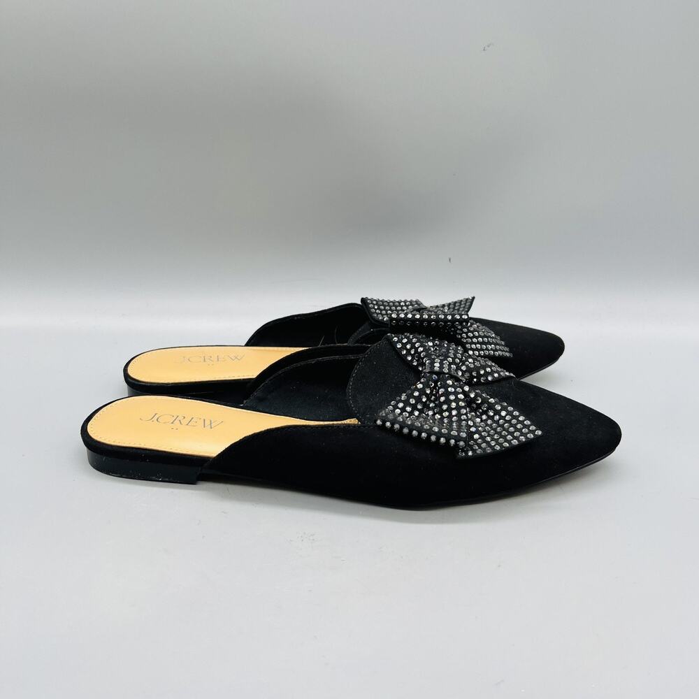 J Crew Shoes Womens 6.5 Black Rhinestone Bow Slide Mules Flats Pointed Toe